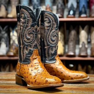 Tanner Mark Men's Ostrich Print Square Toe Boots - Cognac