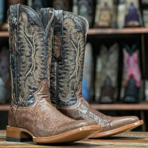 Tanner Mark Men's Poteet Genuine Smooth Ostrich Square Toe Boots Brown