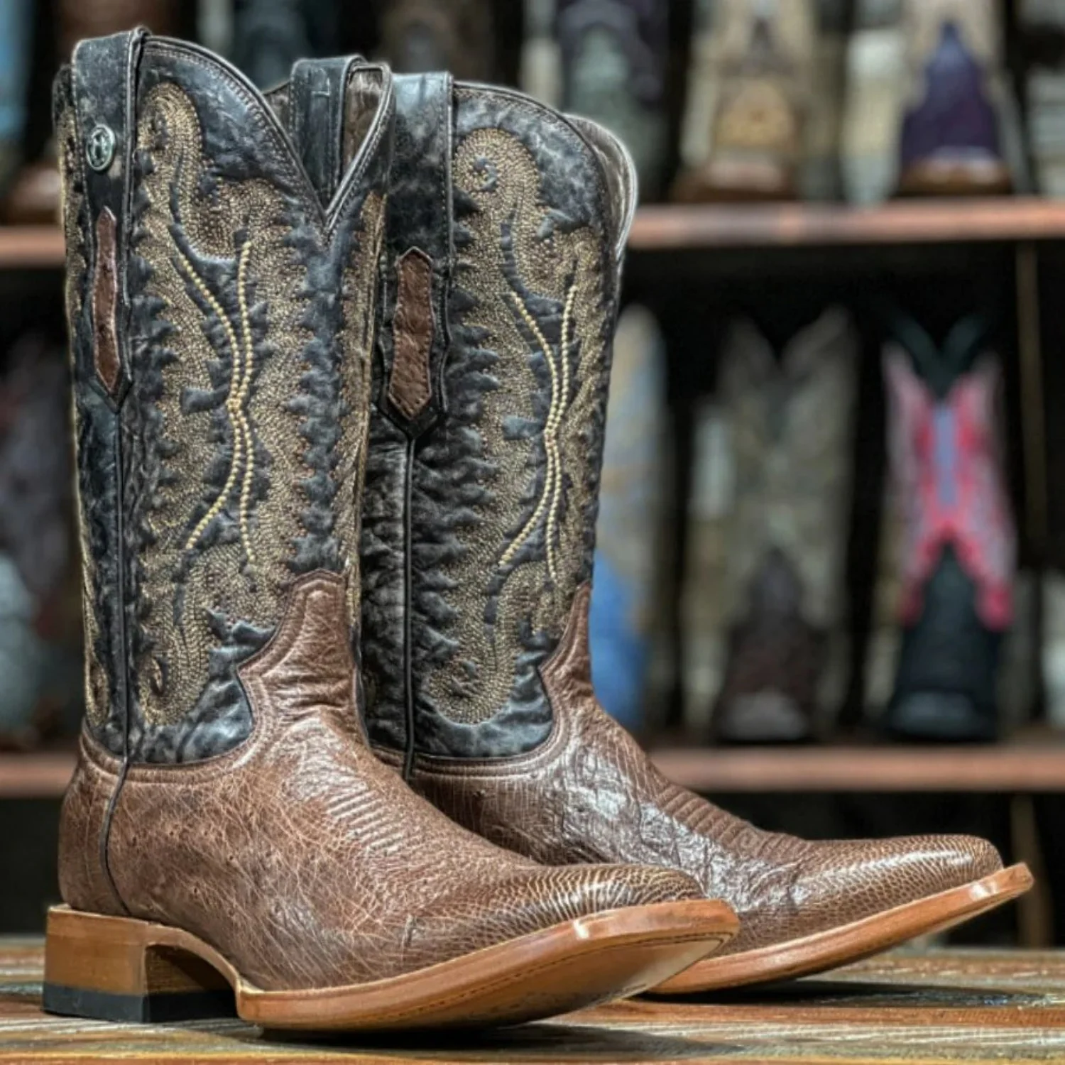 Tanner Mark Men's Poteet Genuine Smooth Ostrich Square Toe Boots Brown