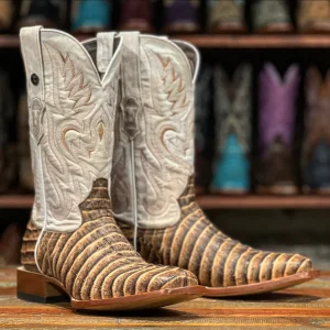 Tanner Mark Men's Print Caiman Tail Square Toe Boots Almond Brown TM205572