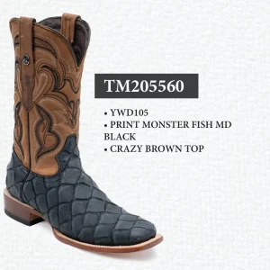 Tanner Mark Men's Print Monster Fish Square Toe Boots MD Black TM205560