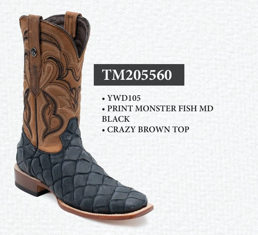 Tanner Mark Men's Print Monster Fish Square Toe Boots MD Black TM205560