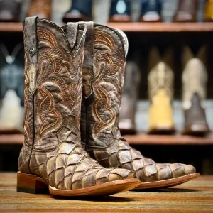 Tanner Mark Men's Print Monster Fish Square Toe Boots Nicotine TM205559