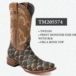 Tanner Mark Men's Print Monster Fish Square Toe Boots Orix with Black TM205574