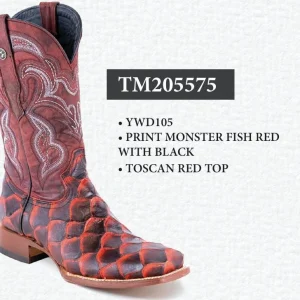 Tanner Mark Men's Print Monster Fish Square Toe Boots Red with Black TM205575