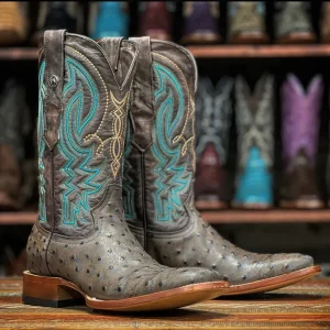 Tanner Mark Men's Print Ostrich Square Toe Boots Black with Brown TM205567