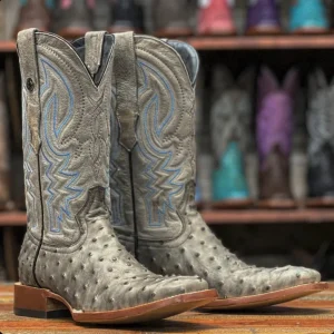 Tanner Mark Men's Print Ostrich Square Toe Boots Grey with Black TM205578