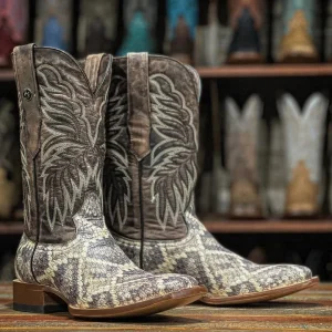 Tanner Mark Men's Rattlesnake Print Square Toe Boots Natural TM205563