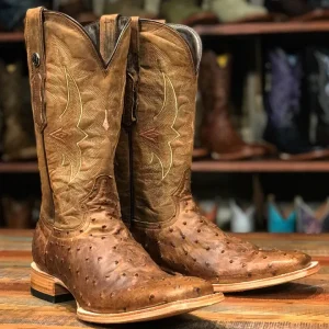 Tanner Mark Men's "Stoney" Full Quill Ostrich Square Toe Boots Antique Saddle