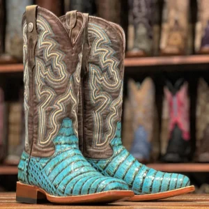 Tanner Mark Women's 'Agave Sky' Print Caiman Belly Square Toe Boots Turquoise