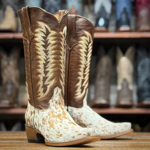 Tanner Mark Women's Annie Full Hair On Cowhide Square Toe Boots - Brown & White