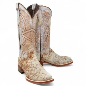 Tanner Mark Women's Annie Full Hair On Cowhide Square Toe Boots - Honey & White