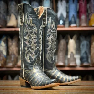 Tanner Mark Women's Caiman Belly Print Square Toe Tall Boots - Black & Gold