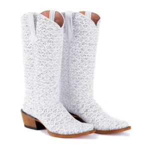 Tanner Mark Women's Dragon Square Toe Leather Boots White & Silver