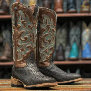 Tanner Mark Women's Genuine Python Square Toe Boots Matte Brown TMLX20110