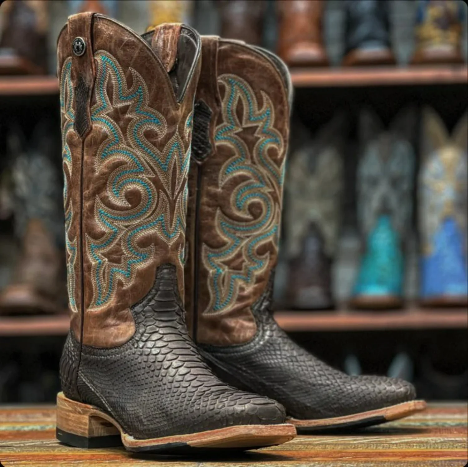 Tanner Mark Women's Genuine Python Square Toe Boots Matte Brown TMLX20110