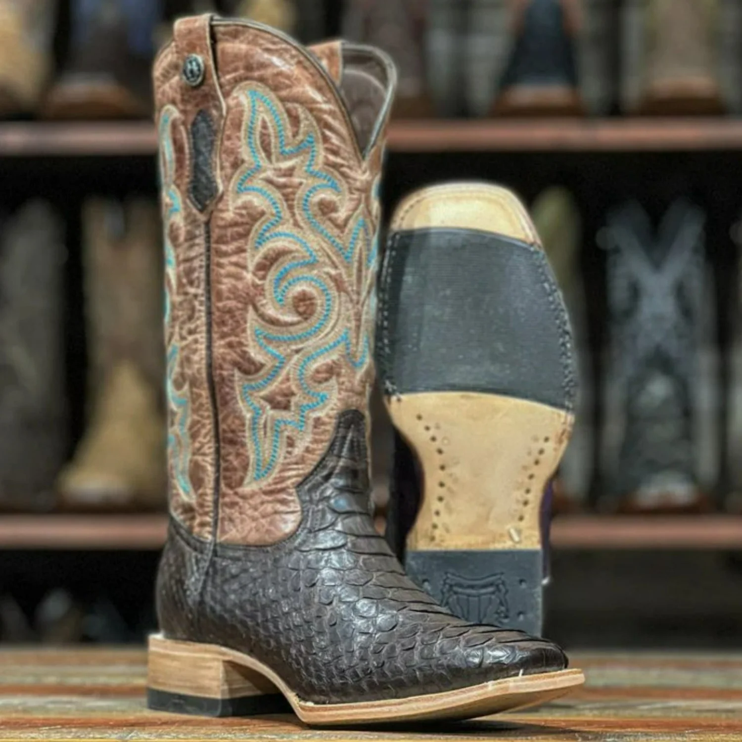 Tanner Mark Women's Genuine Python Square Toe Boots Matte Brown TMLX20110 - Imagen 3