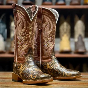 Tanner Mark Women's Hand Tooled Square Toe Leather Boots - Almond Brown