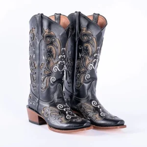 Tanner Mark Women's Hand Tooled Square Toe Leather Boots Black & Gold