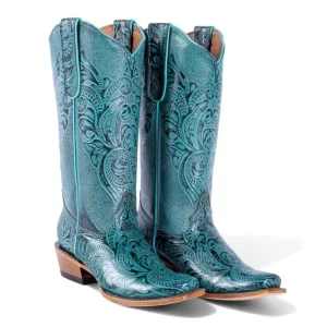 Tanner Mark Women's Hand Tooled Square Toe Leather Boots Turquoise
