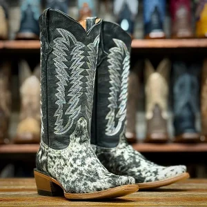 Tanner Mark Women's Olene Full Hair On Cowhide Square Toe Boots - Salt & Pepper