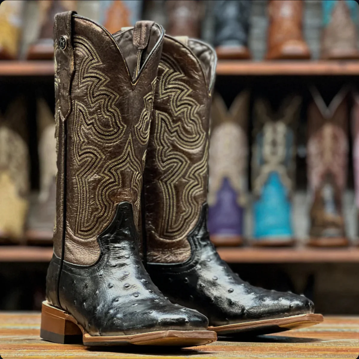 Tanner Mark Women's Ostrich Print Square Toe Boots Black