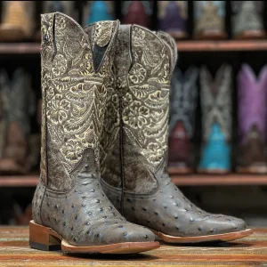 Tanner Mark Women's Ostrich Print Square Toe Boots Desert Wash Black