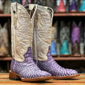 Tanner Mark Women's Print Caiman Hornback Square Toe Boots Lilac w/ Purple