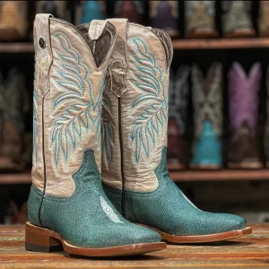 Tanner Mark Women's Print Stingray Square Toe Boots Emerald