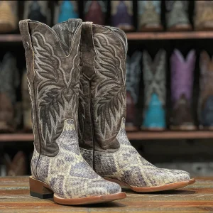 Tanner Mark Women's Rattlesnake Print Square Toe Boots Natural