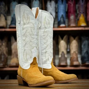 Tanner Mark Women's Round Toe Leather Tall Boots - Gold Rough Out