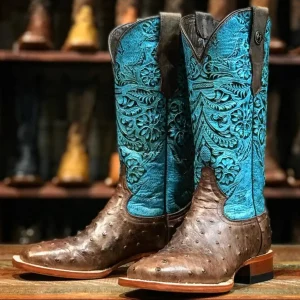 Tanner Mark Women's 'Shiloh' Ostrich Print Square Toe Boots Brown