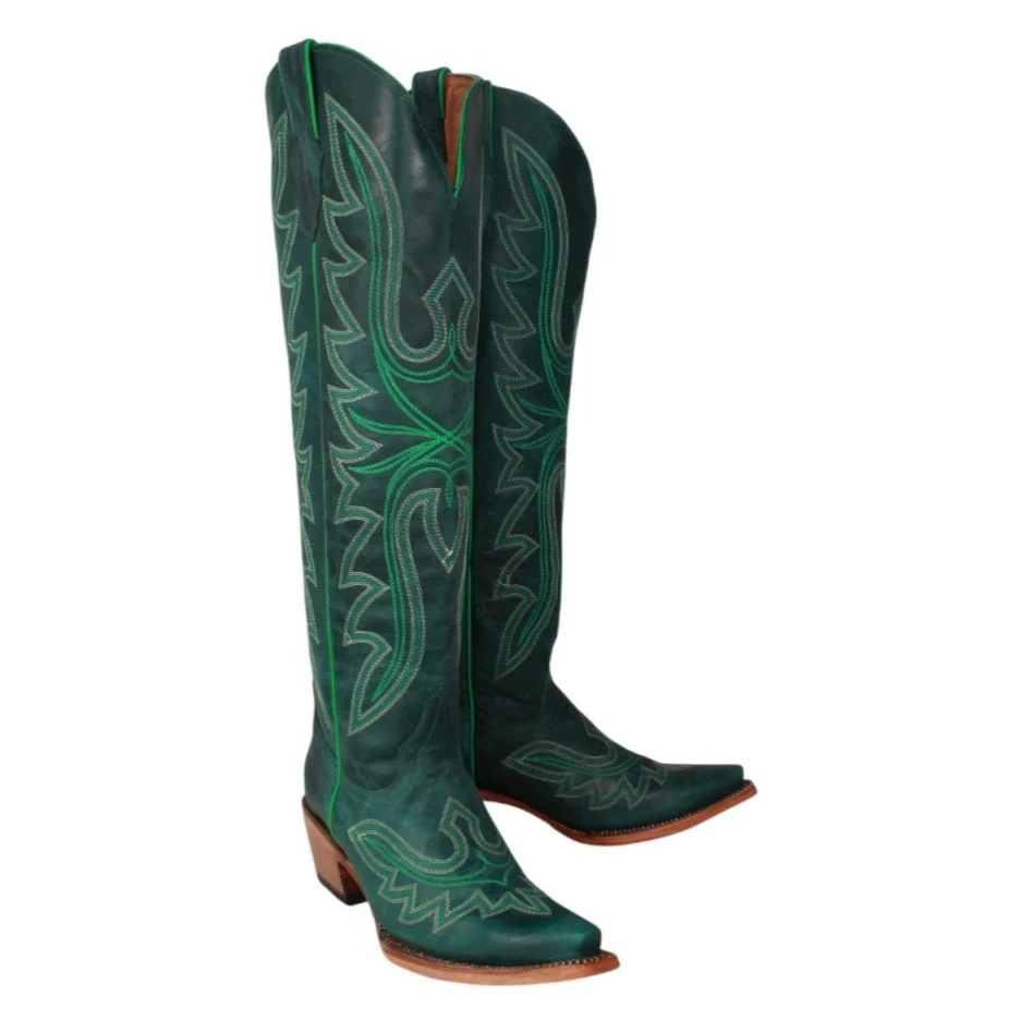 Tanner Mark Women's Snip Toe Fashion Heel Knee High Leather Boots- Green