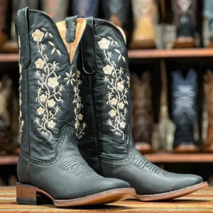 Tanner Mark Women's Square Toe Leather Boots Crazy Black