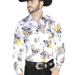 White With Flower Print Casual Long Sleeve Shirt 44097