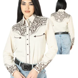 Womens Beige Embroidered Western-style Blouse 44191