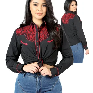 Womens Black Embroidered Western-style Blouse 44186