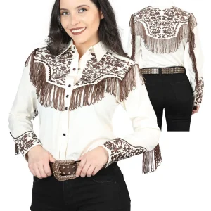 Womens Fringe Beige Embroidered Western-style Blouse 44180