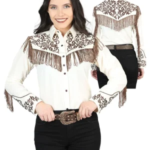 Womens Fringe Beige Embroidered Western-style Blouse 44183