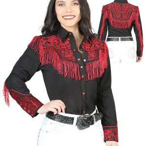 Womens Fringe Black Embroidered Western-style Blouse 44178