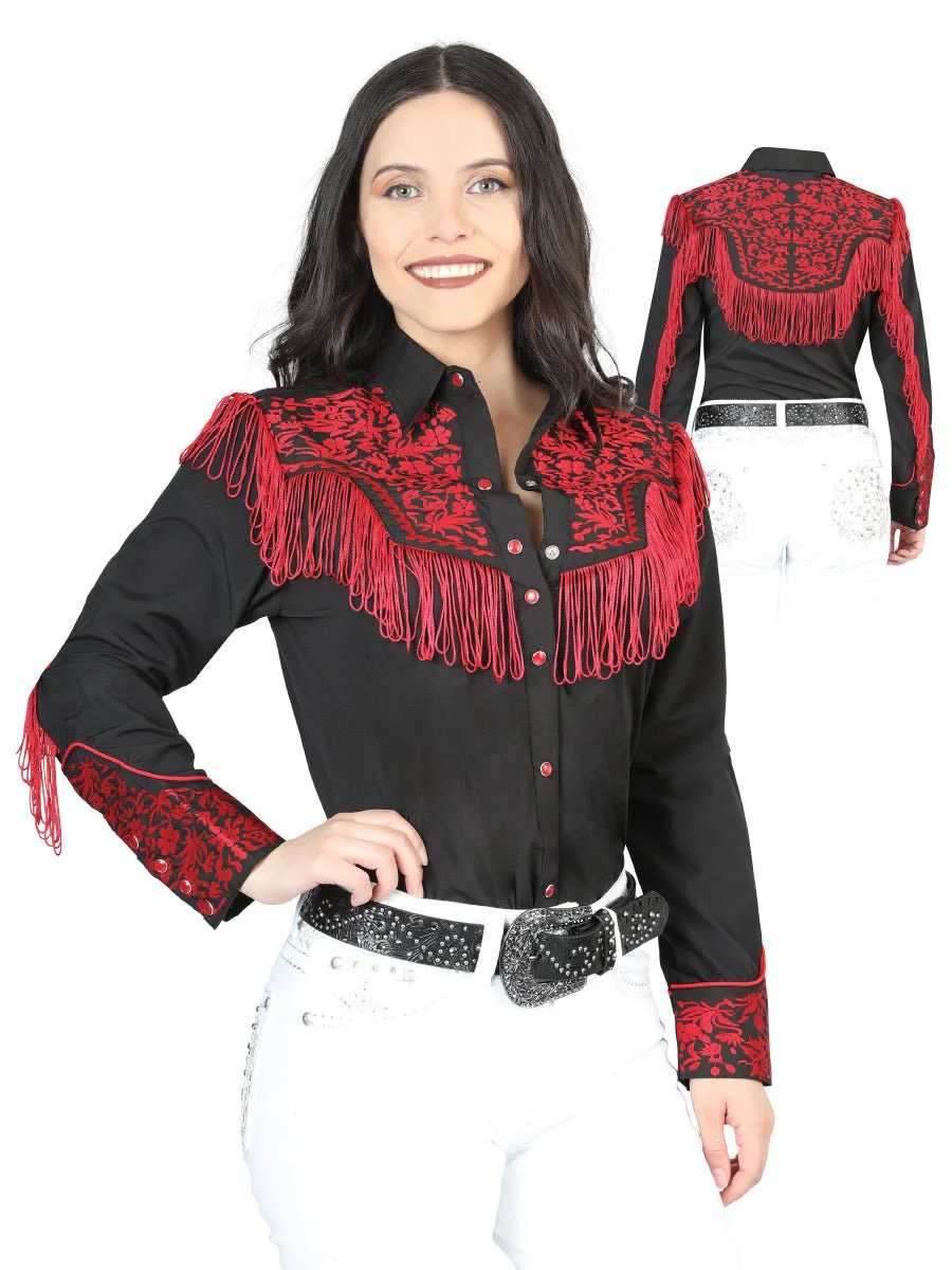 Womens Fringe Black Embroidered Western-style Blouse 44178 - Imagen 2