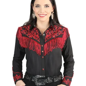 Womens Fringe Black Embroidered Western-style Blouse 44181