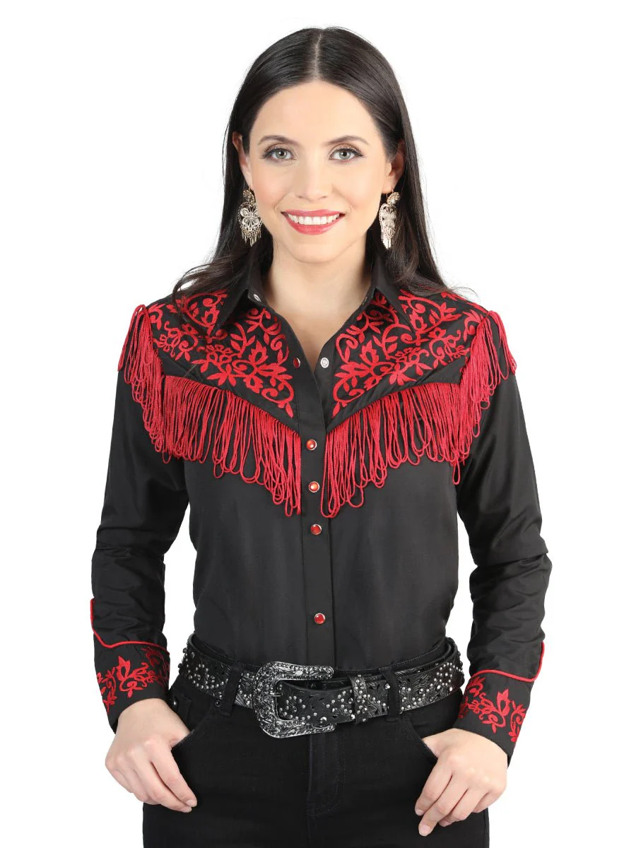Womens Fringe Black Embroidered Western-style Blouse 44181 - Imagen 2
