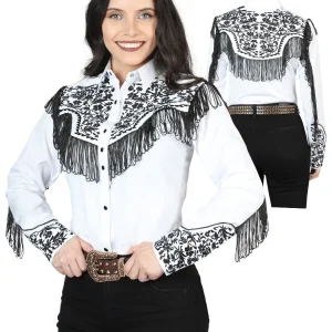 Womens Fringe White Embroidered Western-style Blouse 44179