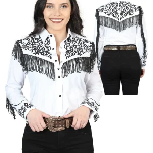 Womens Fringe White Embroidered Western-style Blouse 44182