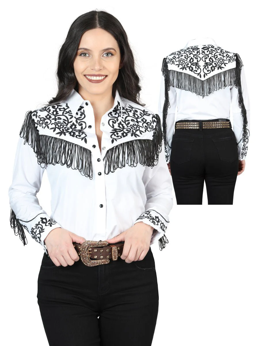 Womens Fringe White Embroidered Western-style Blouse 44182 - Imagen 2