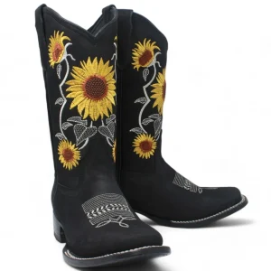 Women's Genuine Leather Square Toe Boots Sunflowers - Black