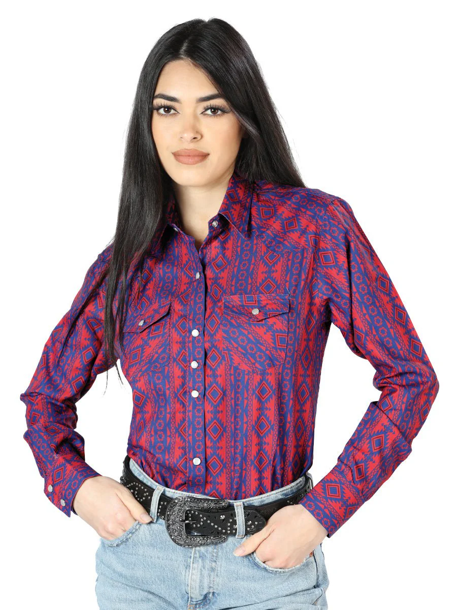 Womens Red Blue Long Sleeve Western Shirt 44203 - Imagen 2