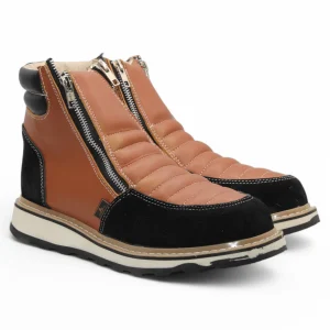 Zapato de Trabajo para Hombre de Piel Crazy Color Honey-Black con Doble Cierre Punta Redonda – Hooch Boots H40651