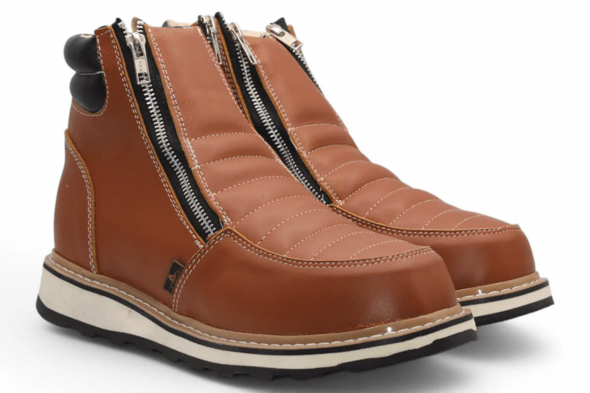 Zapato de Trabajo para Hombre de Piel Crazy Color Honey con Doble Cierre Punta Redonda – Hooch Boots H40351
